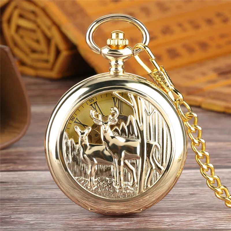 Luxury Yellow Golden Double Hunter Mechanical Hand Wind Pocket Watch for Men Women Hollow Elk Case Pendant Necklace Chain Gift