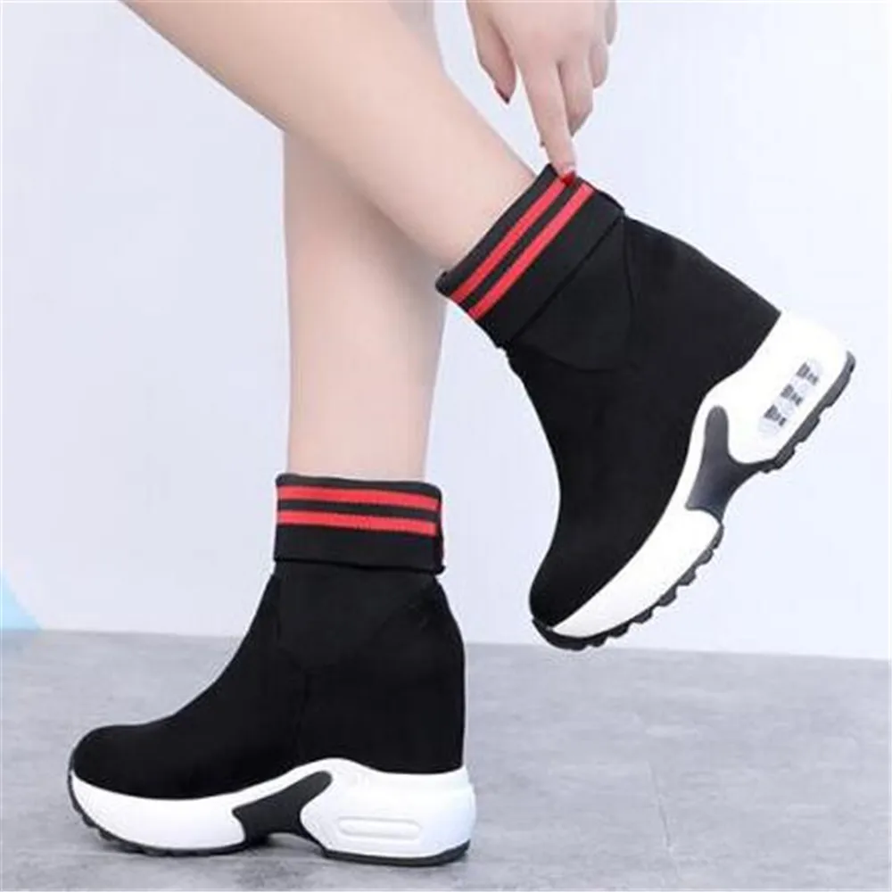 2024 New Spring Ankle Boots Ladies Knitted Chunky Sneakers Women Solid Wedge Sock Shoes Female Thick Bottom High Top Shoes Black