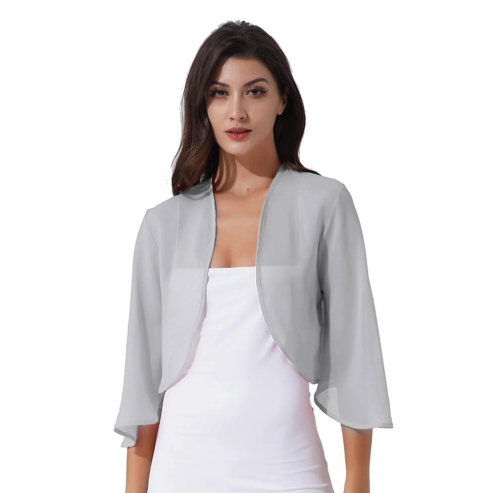 Bolero trasparente in Chiffon elegante da donna avvolge scialli da sera 3/4 manica aperta giacca frontale Cardigan coprispalle da sposa coprispalle