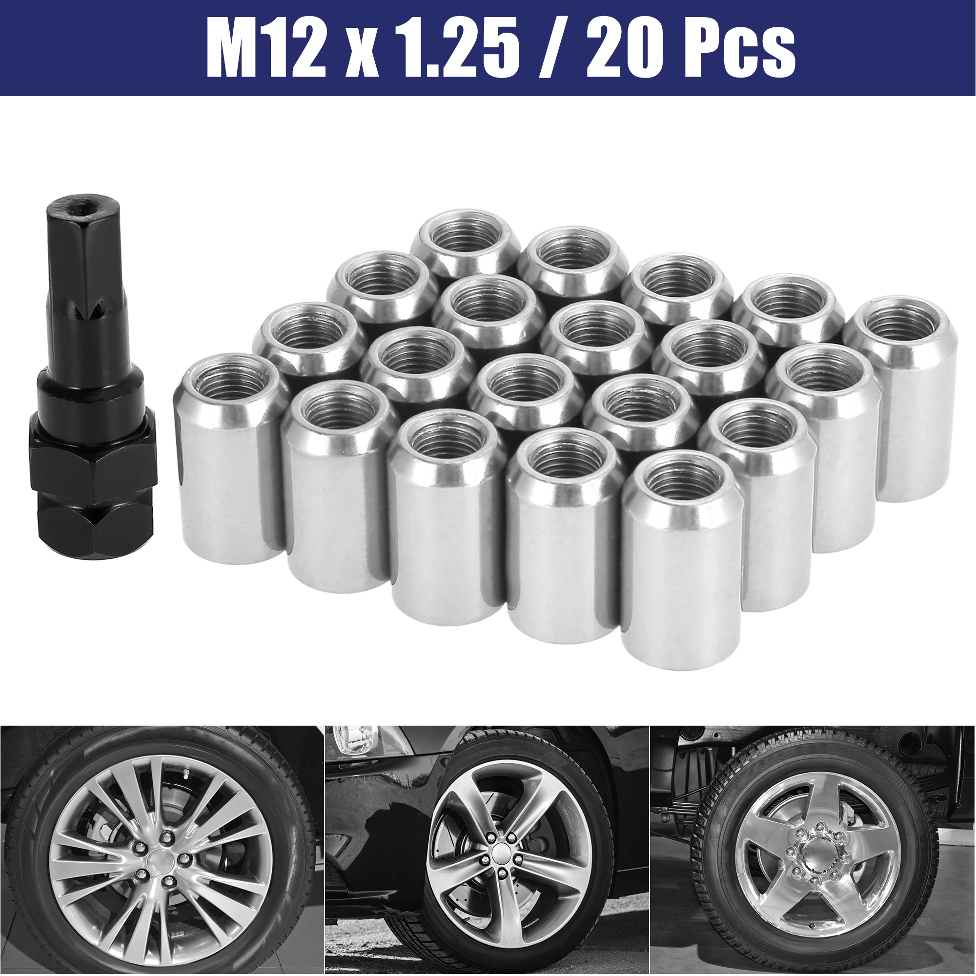 X Autohaux 20pcs Car M12x1.25 M12x1.5 Bulge Acorn Wheel Lug Nuts Cone Screw Racing For Seat with 1 Key Silver Tone