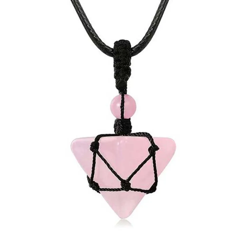 

KFT Pyramid Stone Pendant Necklaces Natural Healing Crystal Stone Necklace Adjustable Rope Reiki Quartz Jewelry