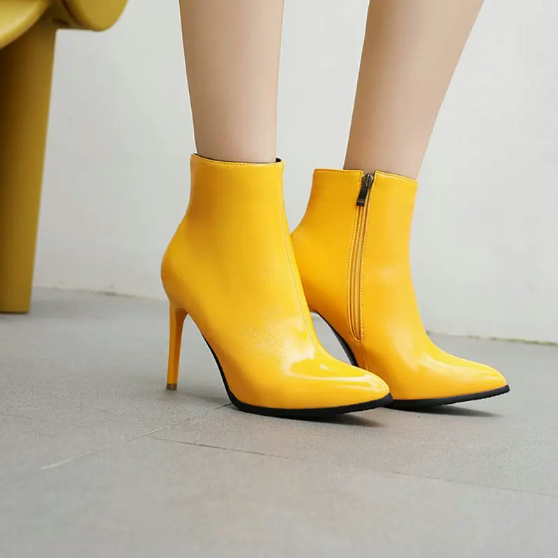 

ZawsThia patent PU leather yellow blue winter shoes for woman 10cm super thin high heels stilettos booties sexy ankle boots lady