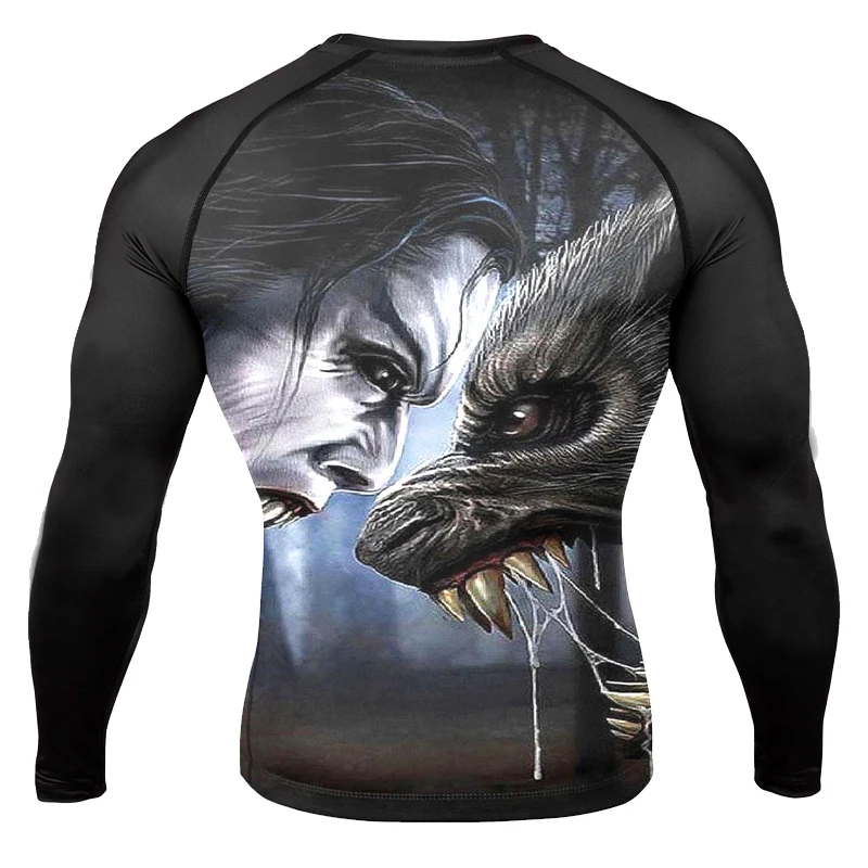 Men's BJJ JIU JITUS Horror Werewolf Long Sleeve Compression Shirt Rash Guard MMA Black