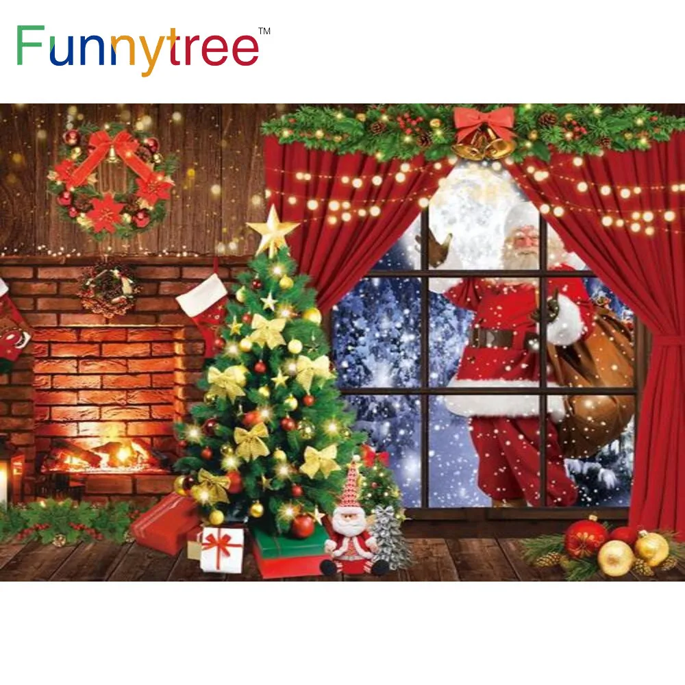 Funnytree Christmas Tree Party Santa Curtain Background Snow Wreath Fireplace Lights Winter Banner Gold Knot Bells Backdrop