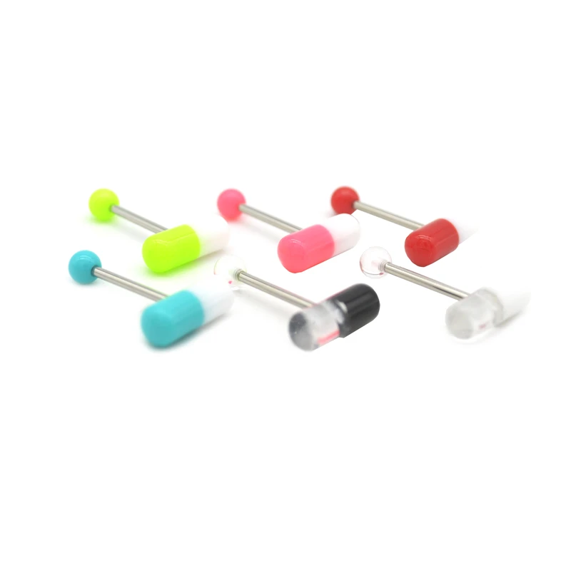 Straight Barbell Capsule Tongue Rings Acrylic Pill Piercing Jewelry Surgical Steel Bars 14G Wholesalee