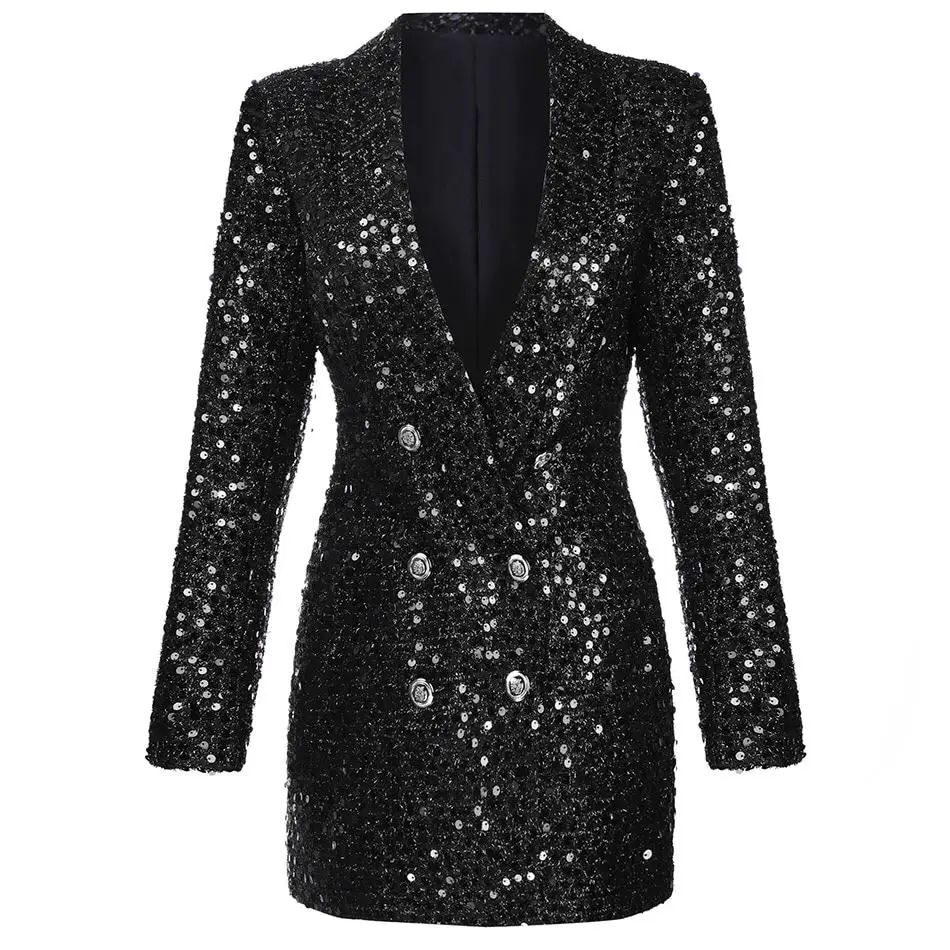 

HarleyFashion Women Luxury Design Bling Bling Sequined Black Long Blazer Outerwear Quality Slim Blazers