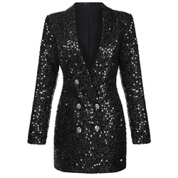 HarleyFashion Women Luxury Design Bling Bling Sequined Black Long Blazer Outerwear Quality Slim Blazers