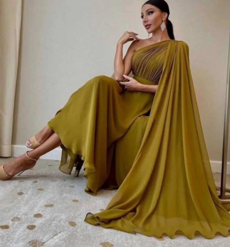 

Olive Green Ankle Length Evening Dress With Cape One Shoulder Chiffon Dubai Women Formal Party Gown Vestidos De Fiesta 2023