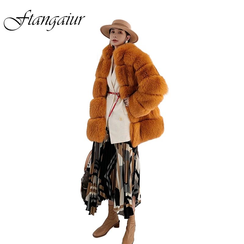 Ftangaiur New Winter Import Fox Fur Coat Warm Light Color Fox Coats Turn-Down Collar Medium Natural Fur Slim Fox Fur Coats