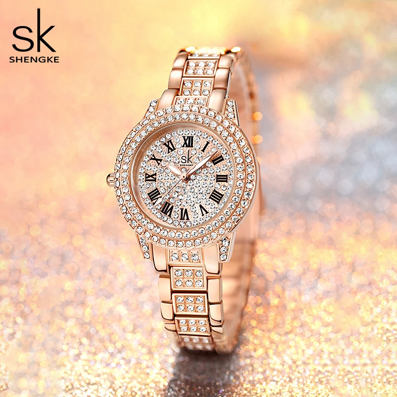 Shengke Luxury Crystal Diamond Woman Watches Rose Gold Romantic Women Color Watch Fashion Clock For Women Relogio Feminino