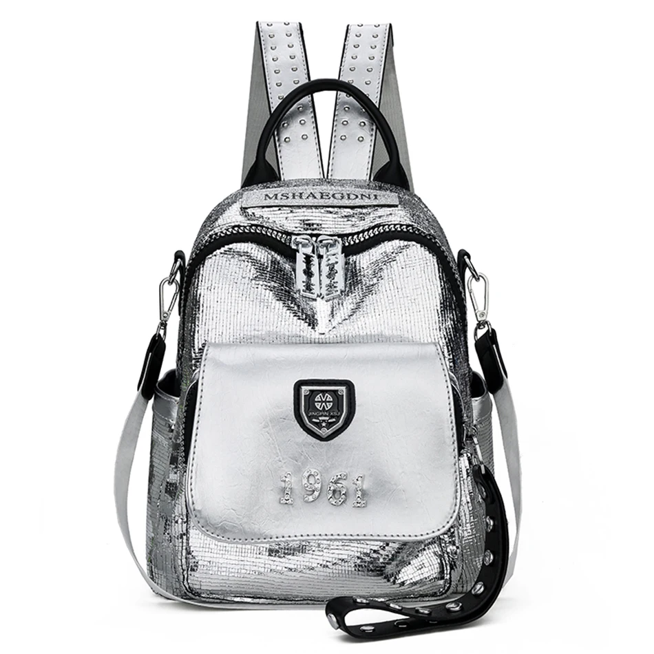 Fashion Silver Women \'s Backpack High Quality Bookbag Soft Leather School Bags for Teenagers Girls 3 In 1 Ladies Travel Backpack