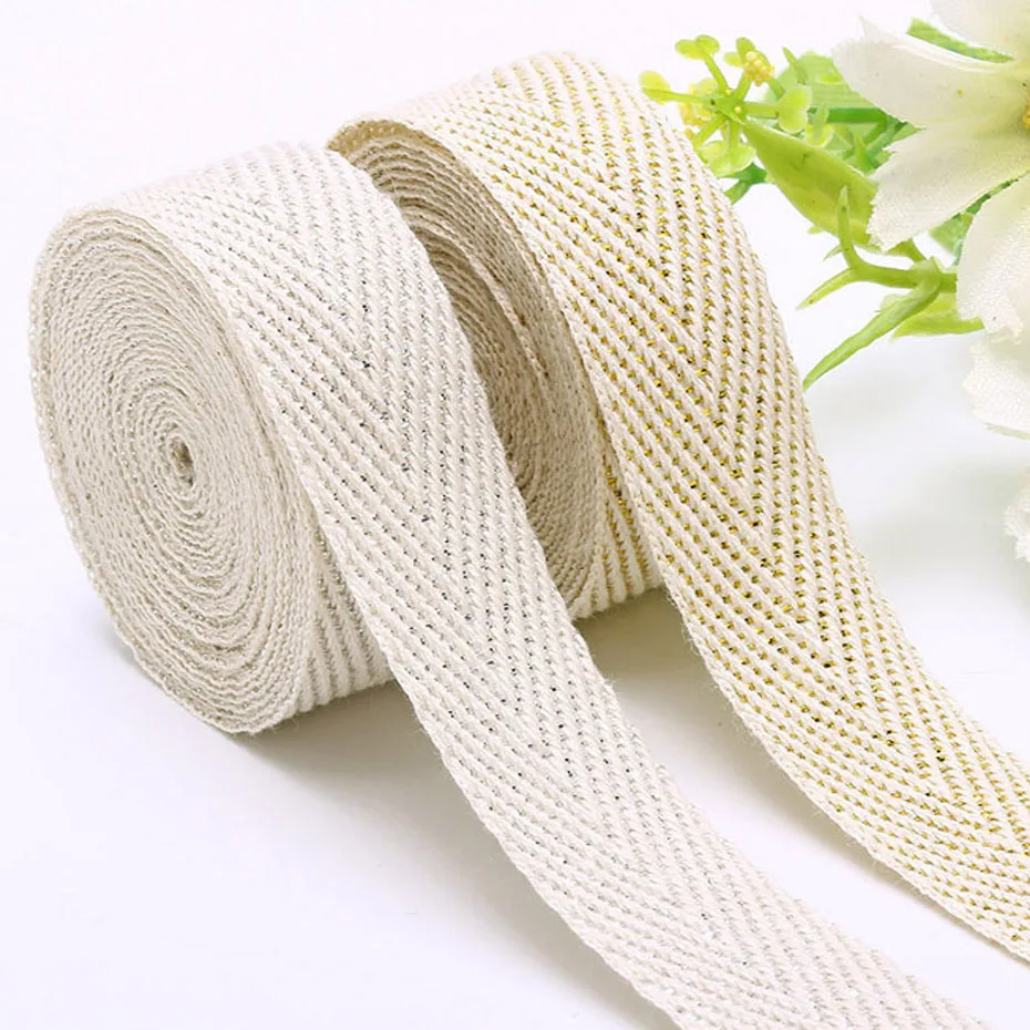 50 Yards/Roll 100% Cotton Webbing Herringbone Twill Silver/Gold Wire Beige Ribbon DIY Sewing Accessories 10mm/15mm/20mm/25mm