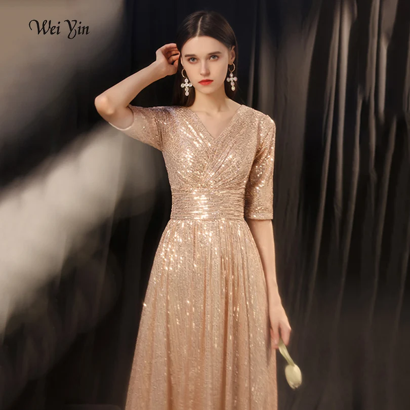 

Weiyin AE0538 Sexy Sequined Mermaid Prom Dresses V-Neck Hahlf Sleeve Elegant Women Formal Party Dresses Vestidos De Gala