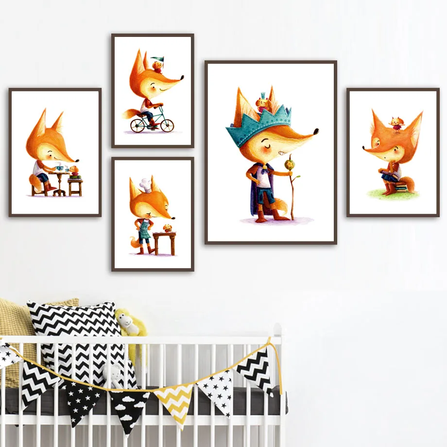 Cute Cartoon Fox bicycle Crown Nursery Wall Art Canvas Painting Nordic Posters And Prints Wall Picture Baby Kids Room Home Decor