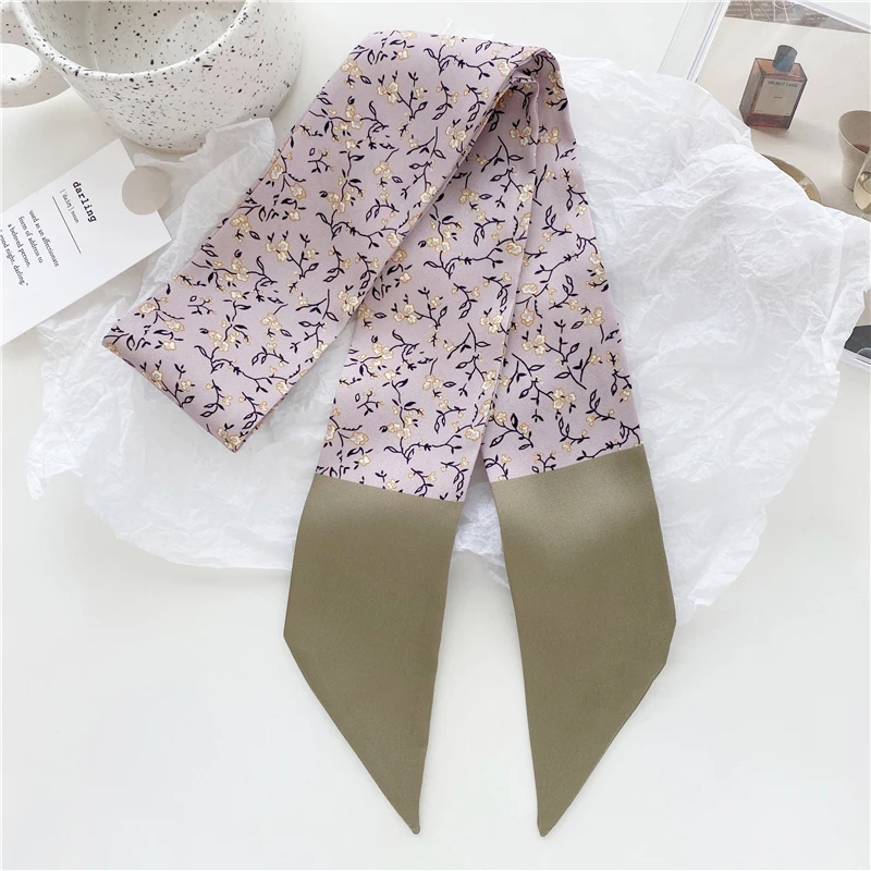 Luna&Dolphin Women Narrow Long Scarf 95x6cm Gentle Floral Elegant Chiffon Silk Tie Flower Printed Bag Ribbon Headbands Choker