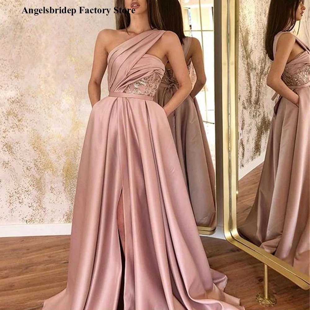 

Angelsbridep One Shoulder Dusty Pink Evening Dresses Long Satin A Line Pleats Slit Sexy Corset Prom Gowns Formal Party Dress