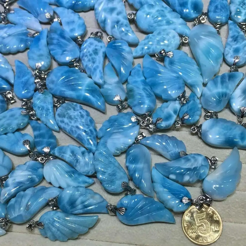 Top Natural Blue Larimar Pendant For Woman Man 17x35mm Wing Beads  Stone Crystal Jewelry