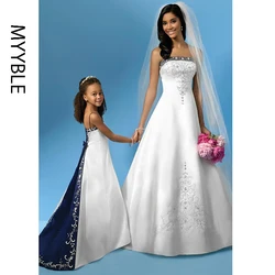 Vestido De Novia Satin Embroidery Wedding Dresses Strapless Lace-up Court Train Bride Gowns Colored Free Customized