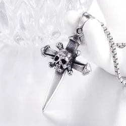 New Exaggerated Dagger Cross Skull Pendant Necklace Men's Necklace Fashion Retro Metal Cross Pendant Accessory Party Jewelry