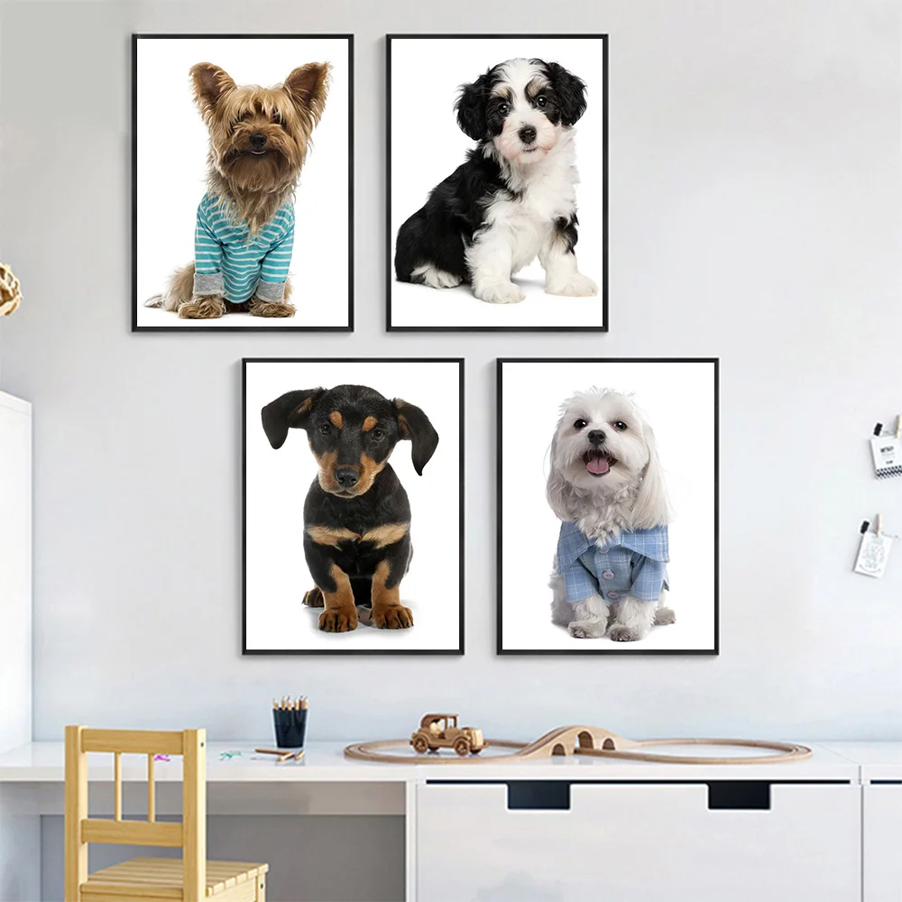 Puppy Dog Wall Art Canvas Prints Posters,Cute Puppy Black and White Dog Yorkshire Terrier,Rottweiler Wall Art Boy Girl Room