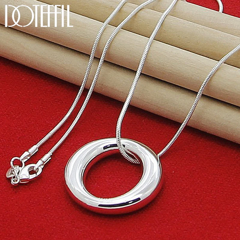 DOTEFFIL 925 Sterling Silver Smooth Circle Round Pendant Necklace 18 Inch Snake Chain For Women Wedding Engagement Charm Jewelry