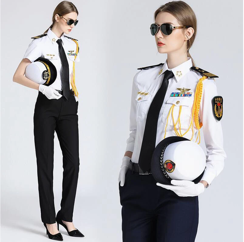 Camicia da pilota uniforme da capitano femminile Camicia da donna di mare Giacca da spettacolo a maniche lunghe corte Camicia uniforme di sicurezza