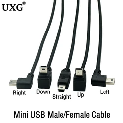 Przewód USB Mini 5Pin wtyk męski na żeńskie gniazdo rozszerzenie Adapter danych kabel przewodzący prawe lewe nawet kąt nachylenia 90 stopni przewód 25cm 1.5m