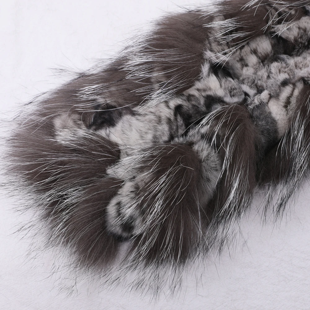 New Winter Women\'s Genuine Real Rex Rabbit Fur Silver Fox Fur Hand Knitted Scarf Scarfs Scarves Wraps Snood Street Fashion