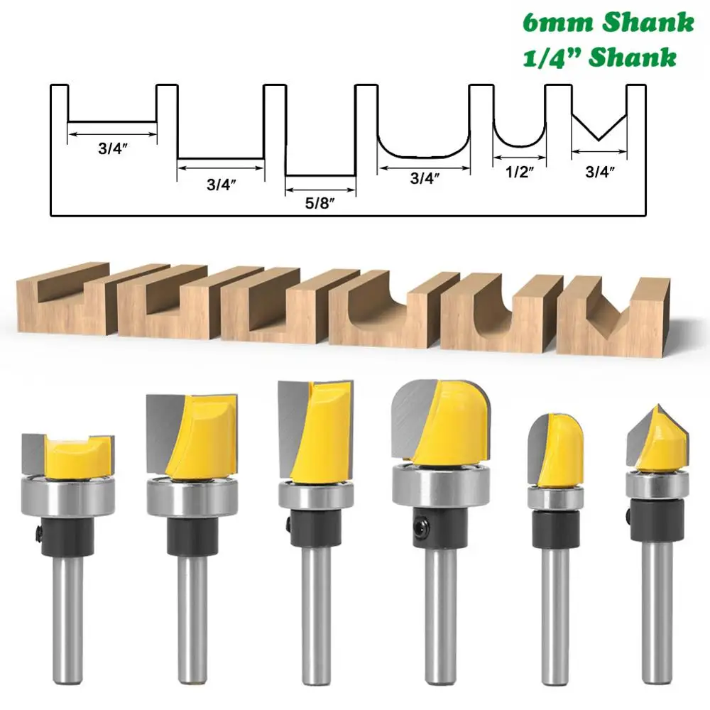 6PCS 1/4 "O 6 millimetri Gambo Modello Bit Flush Bit Trim Po 'Dritto con Cuscinetto Cerniera Toupie Router bit di Legno Trimmer Cutter