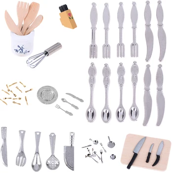 1ชุด1:12 Mini Dollhouse Miniaturesบนโต๊ะอาหารช้อนส้อมมีดส้อมช้อนเค้กมีดสับอาหารของเล่น