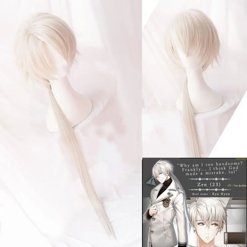 2020 Mystic Messenger Cosplay Wigs Zen Wig Heat Resistant Synthetic Hair Silver Long Ponytail Cosplay Wig + Wig Cap