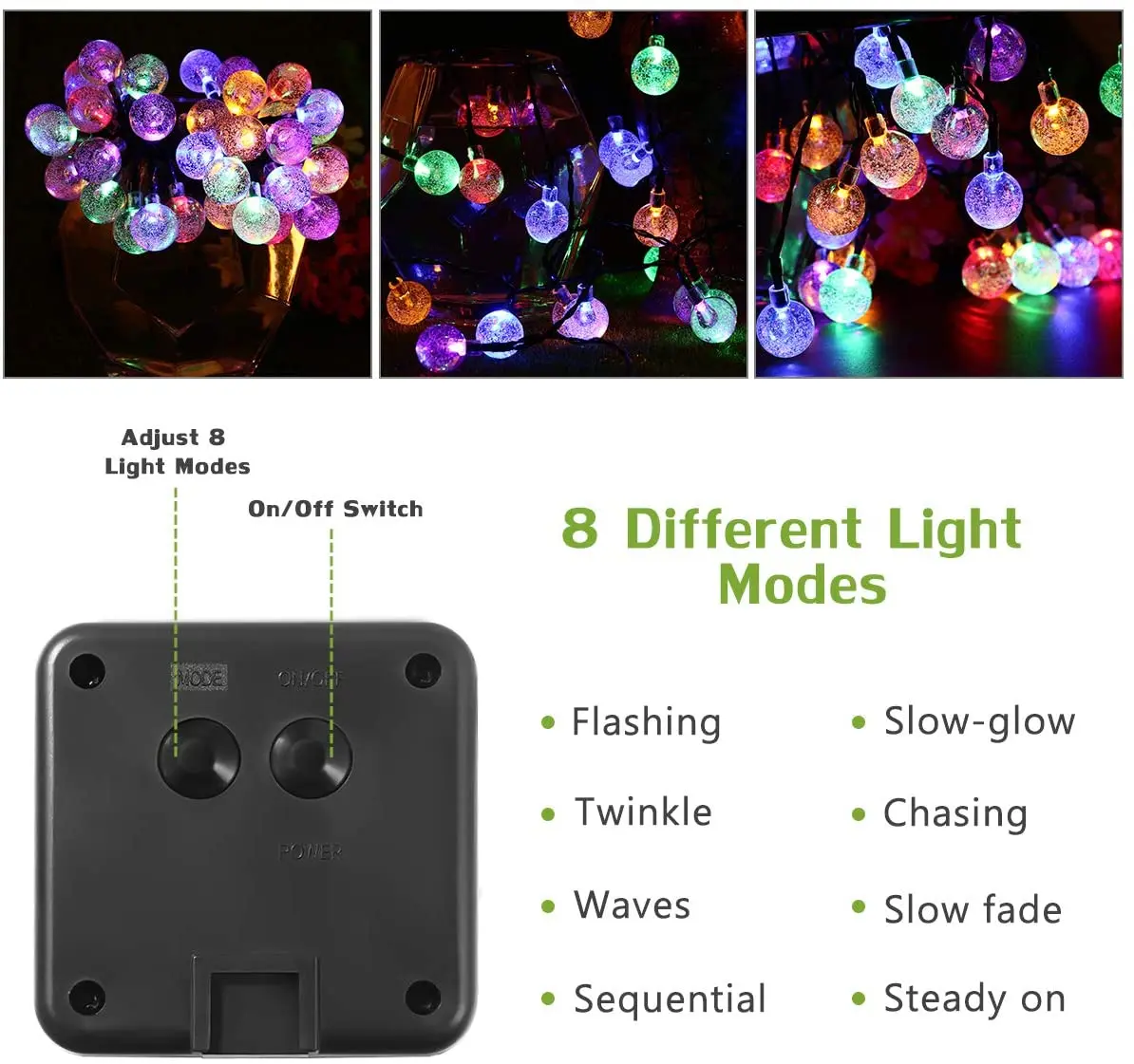 Luci Decorative per esterni multicolore 7M 50LED 8 modalità pannello solare a bolle di cristallo a sfera LED Fairy Garden Globe String Lights