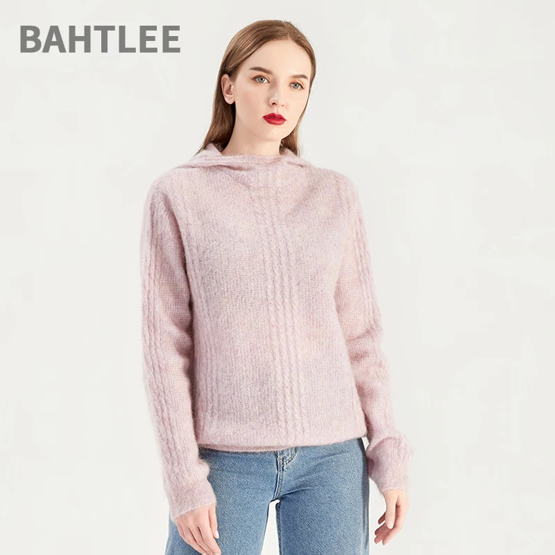 BAHTLEE-Women's Mohair Cap, O-Neck Sweater, Long Sleeves, Wool Knitted, Jacquard Weave, Jumper Hat, Loose Style, Spring, Autumn