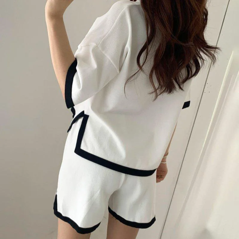 Korean Style Tracksuit Knitted Suit Summer Short Trouser+short Sleeve O-neck Pullover Shirt Fashion Shorts Suit Women Tracksuits