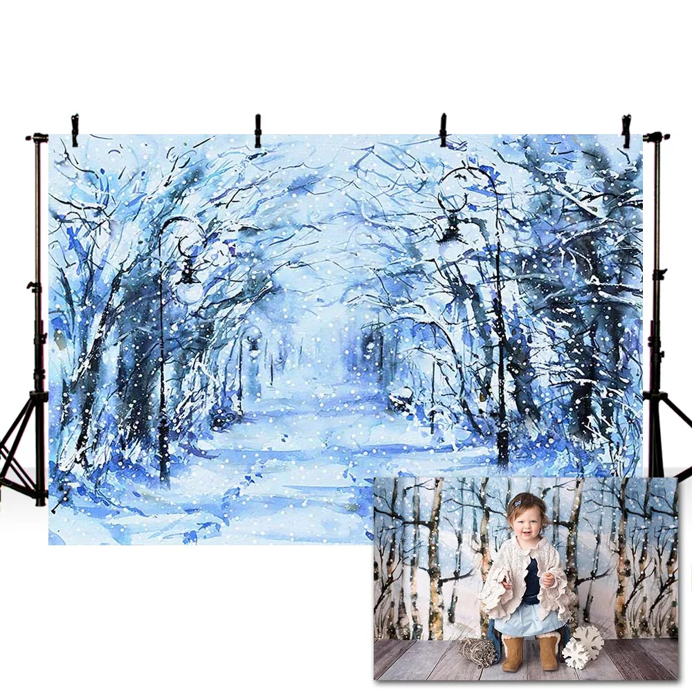 Mehofond Winter Jungle Backdrop Painting Tree Snowflake Path Baby Portrait Decor Photography Background Photo Studio Photocall