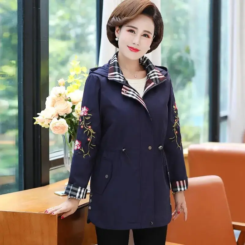 Windbreaker Women Mid-Length Embroidery Jacket 2022 New Loose 5XL Spring Autumn Coat Female Fashion Khaki Hooded Jackets