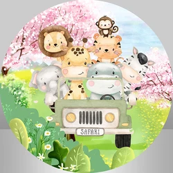 Baby Shower Round Backdrop Cover Customized Car Safari Jungle Party Newborn Animals Background for Photo Studio Elastic Cover