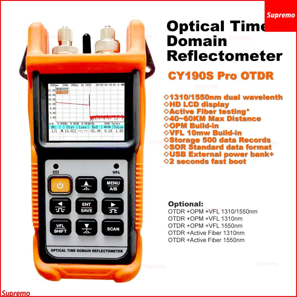 Portable OTDR CY190 Pro OPM Built-in VFL 10km Optical Power Meter 1310/1550nm Active Fiber Testor Optical Time Domain Reflector