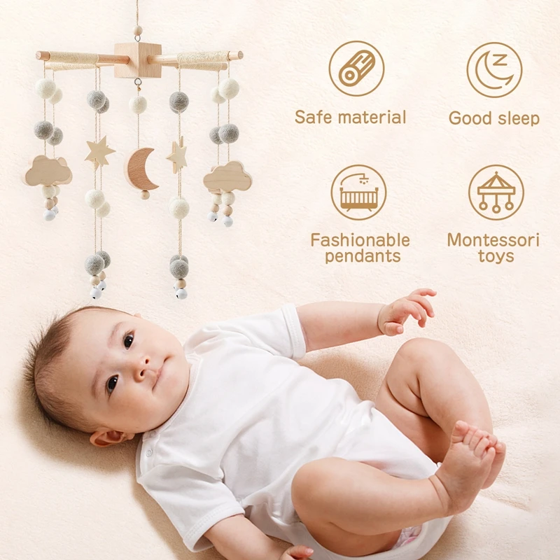 Cloche de lit en bois pour bébé, 1 pièce, support mobile, hochets en forme d'étoile et de lune, boule en peluche, jouets musicaux pour nourrissons, cloche rotative, cadeau de naissance pour bébé