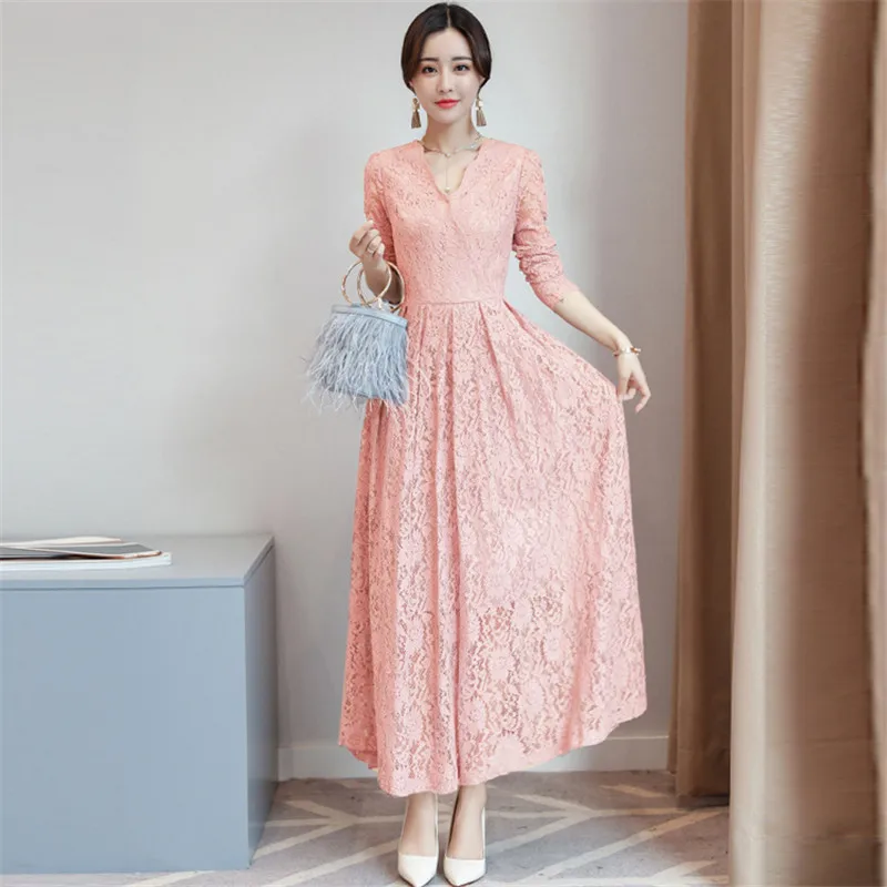 

dress for women long summer 2021 new Korean dress Slim young lady Lace long-sleeved dress elegant fashion V-neck over the knee