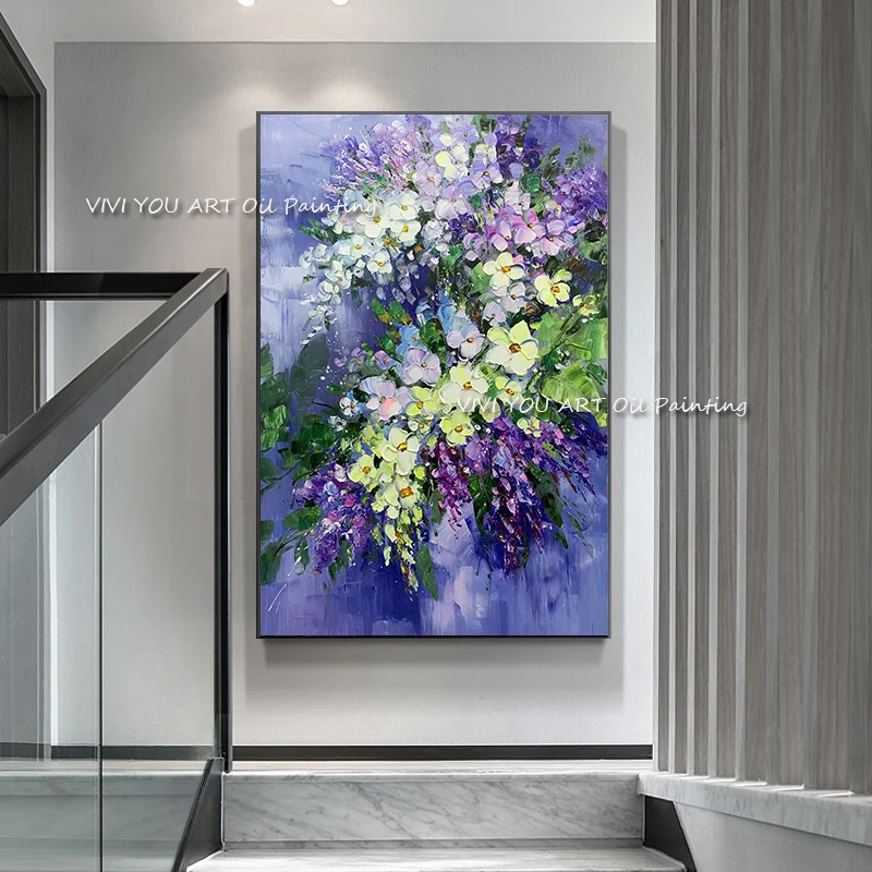 Palette knife Hand Painted Purple Flower Oil Painting Colorful Abstract Art Home Living Room Canvas Wall Decoration Picture