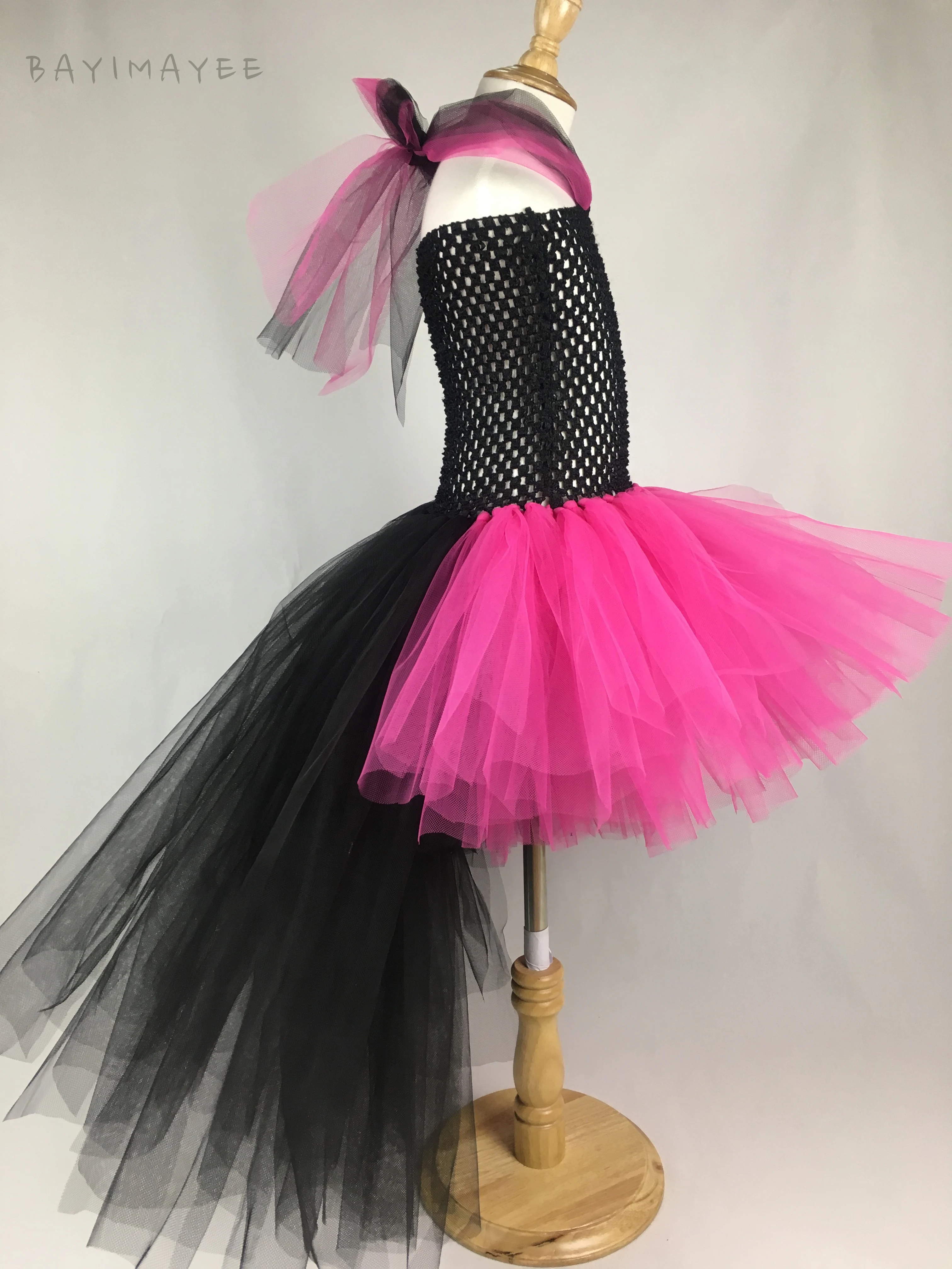 Girls Black Pink Rock Queen Tutu Dress Kids Crochet Tulle Trailing Dress with Strap Children Birthday Party Costume Tutus Dress