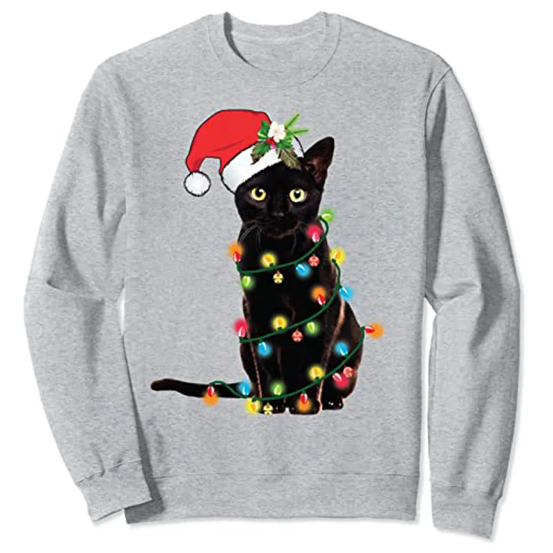 Black Cat Santa Tangled Up In Christmas Lights Sweatshirt Graphic Tee Tops