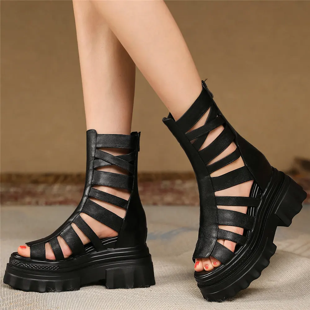 Wedges Gladiator Sandals Women Black White Cow Leather Platform Pumps Female High Top High Heel Fashion Sneakers Casual Shoes