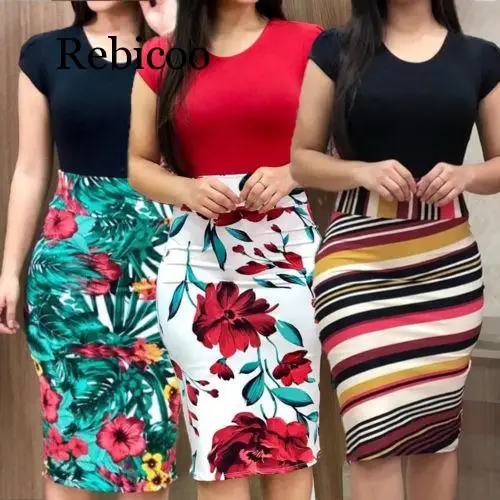 

Women Dresses Short Sleeve Floral Print Patchwork Slim Bodycon Dress Cocktail Party Pencil Dress