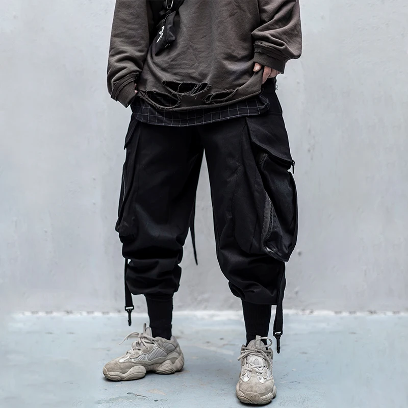 Conjunto de ropa con bolsa grande para hombre y mujer, pantalones Cargo con cinta, estilo Harajuku, Hiphop, mallas de gran tamaño para correr