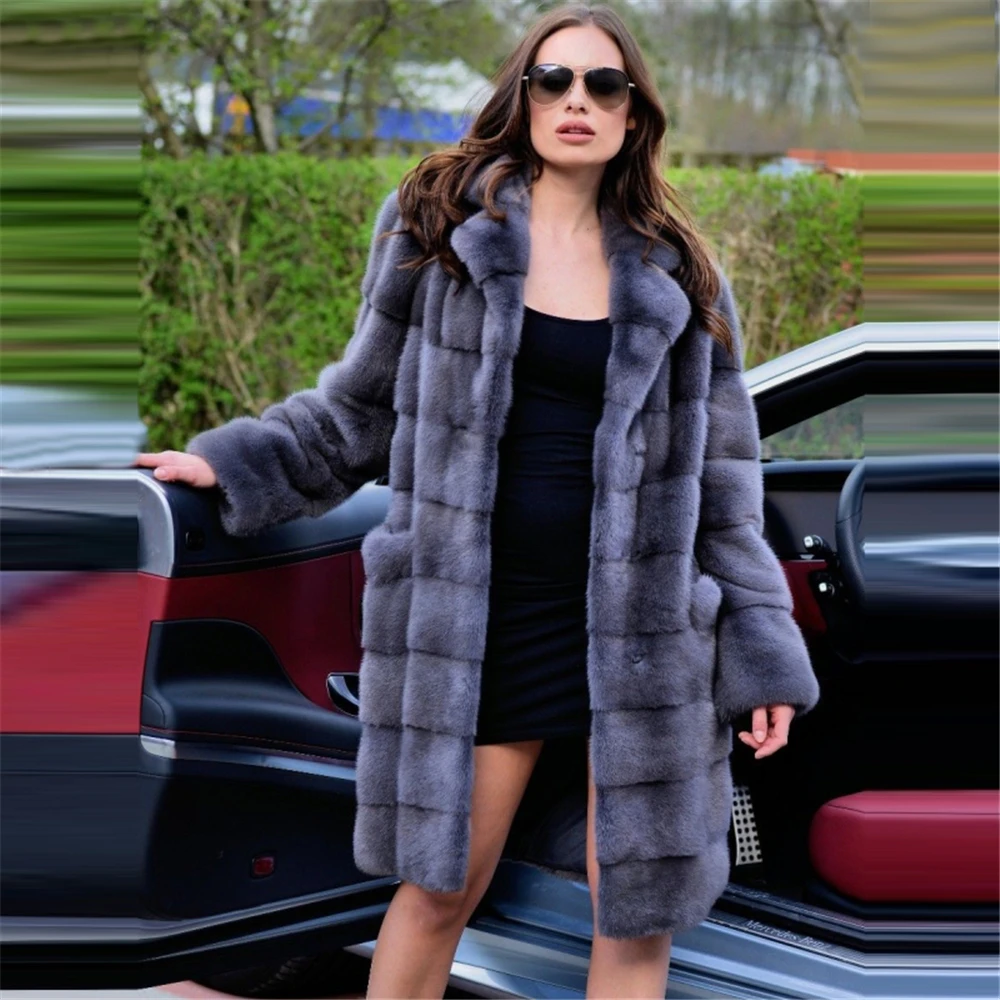 TOPFUR Fashion Dark Gray Coat With Lapel Collar Real Fur Coat Women Natural Mink Fur Coat With Fur Collar Full Sleeves Long