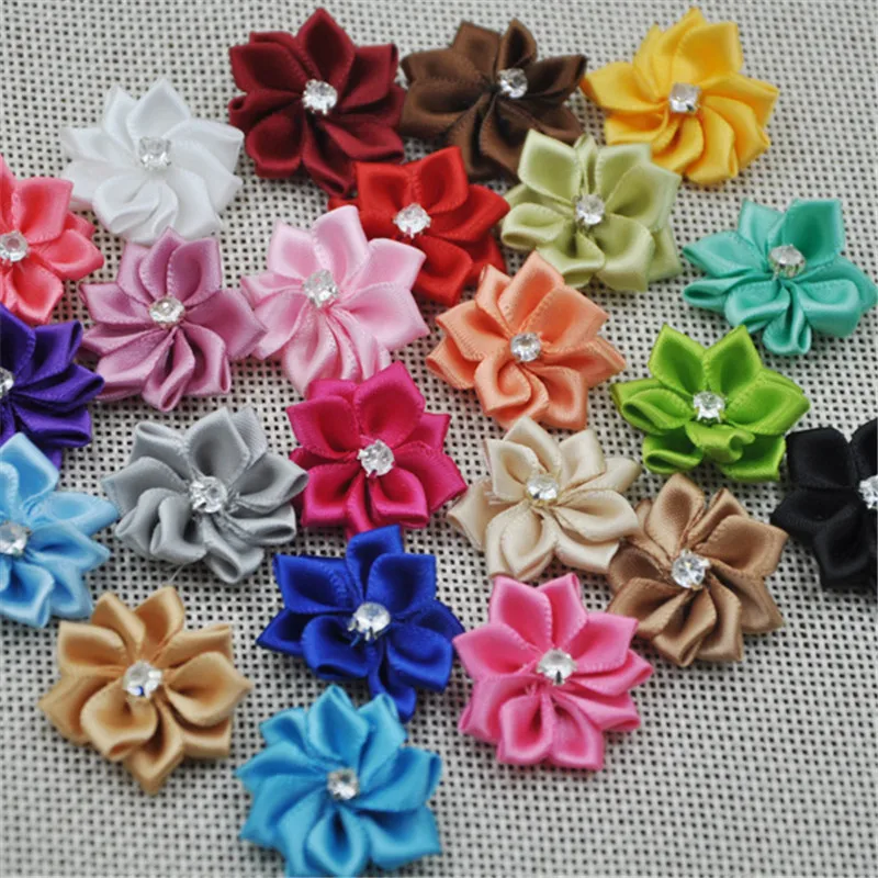 Fita de cetim flores arco com apliques, DIY casamento flores, upick, e14, 40pcs