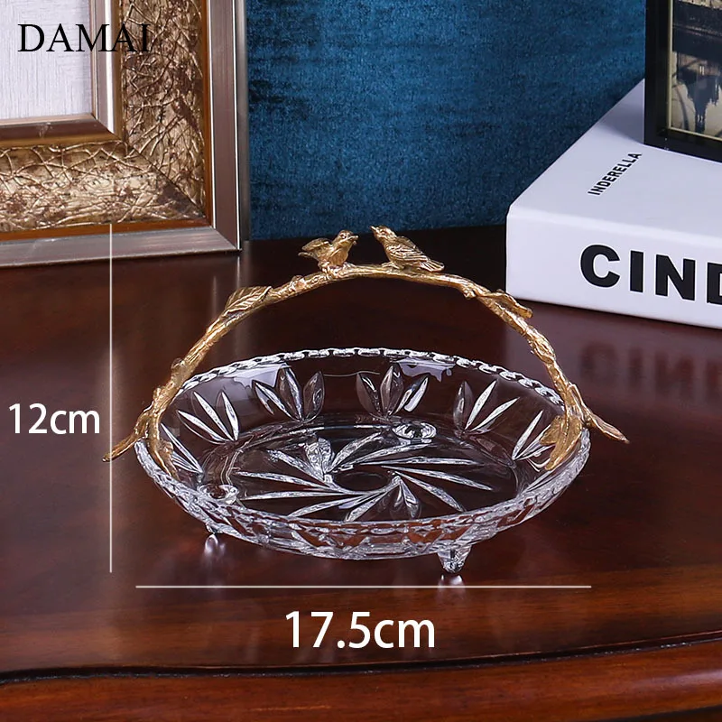 European Vintage Crystal Glass Trays Decorative Gilded Bird Fruit Tray Cake Snack Dishes Jewelry Display Plates Home Decoration