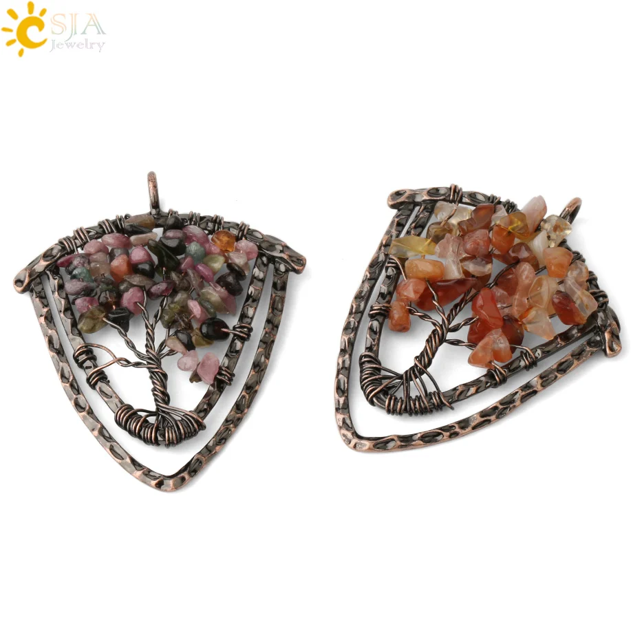 CSJA Handmade Natural Stone Pendants Necklaces for Men Tree of Life Wire Wrap Chip Beads Vintage 7 Chakra Crystal Jewelry G329